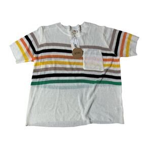 Women’s BiBi Size Large Multicolor White Stripe Short‎ T-shirt Sheer Sleeve New